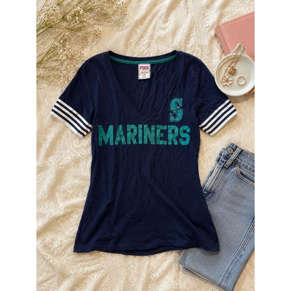 Y2K Victoria’s Secret PINK Seattle Mariners V-Neck Tee Navy Blue Love Pink M